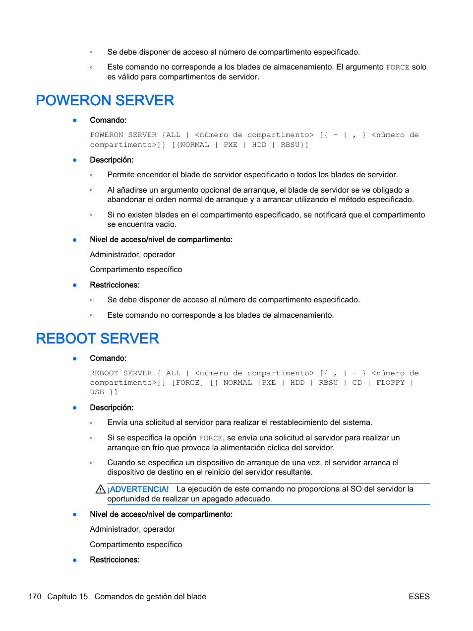 Poweron server, Reboot server, Poweron server reboot server | HP Onboard Administrator User Manual | Page 183 / 266