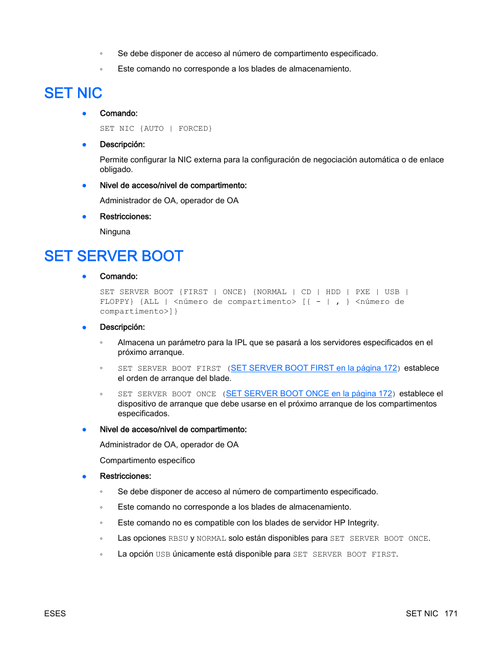 Set nic, Set server boot, Set nic set server boot | HP Onboard Administrator User Manual | Page 184 / 266