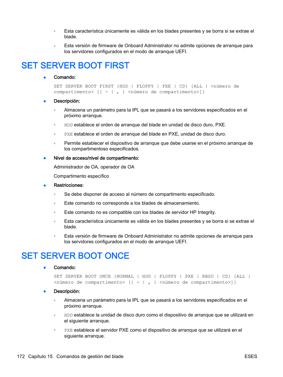 Set server boot first, Set server boot once, Set server boot first set server boot once | HP Onboard Administrator User Manual | Page 185 / 266