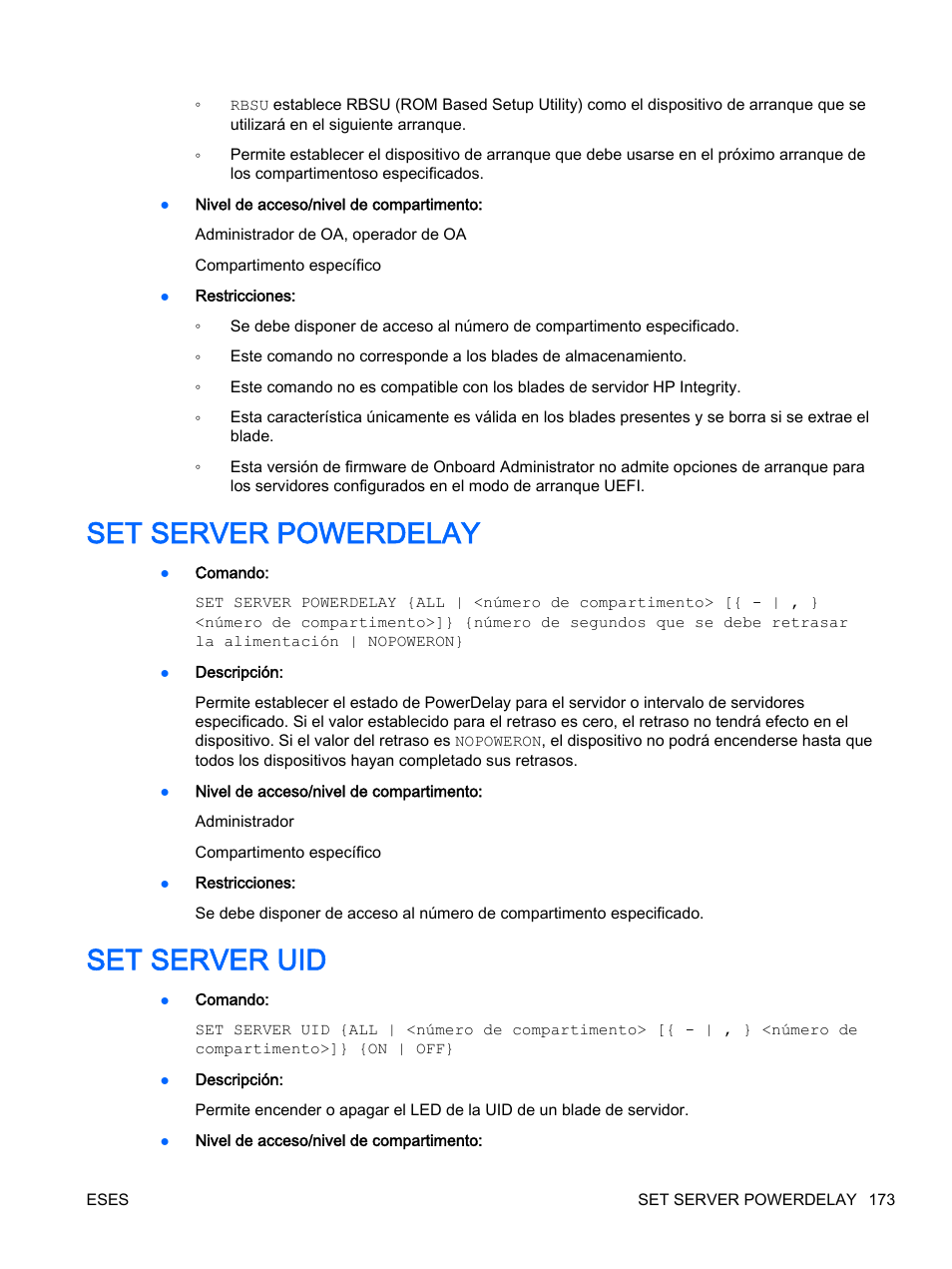 Set server powerdelay, Set server uid, Set server powerdelay set server uid | HP Onboard Administrator User Manual | Page 186 / 266