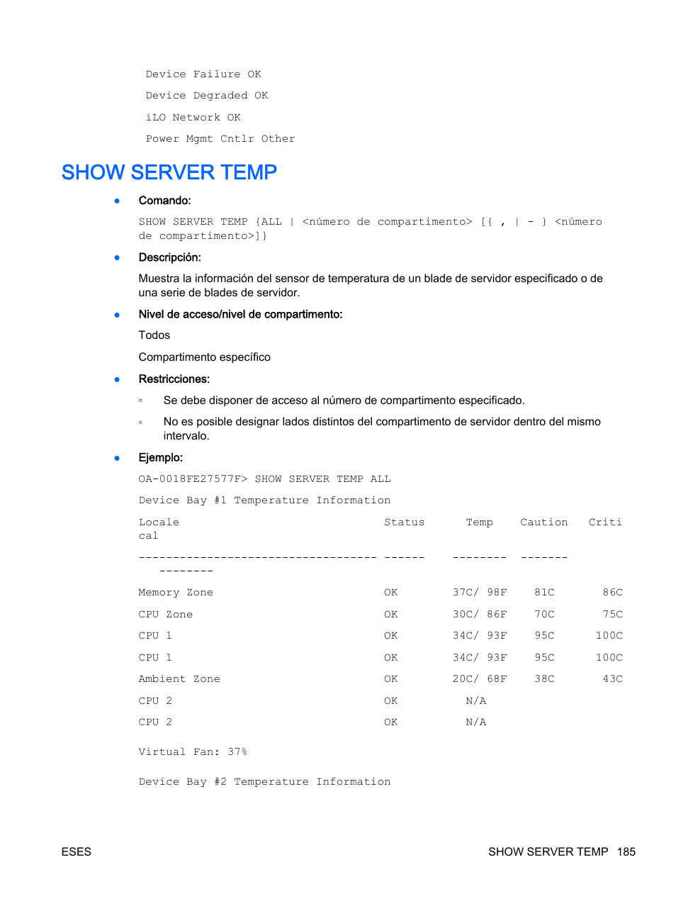 Show server temp | HP Onboard Administrator User Manual | Page 198 / 266