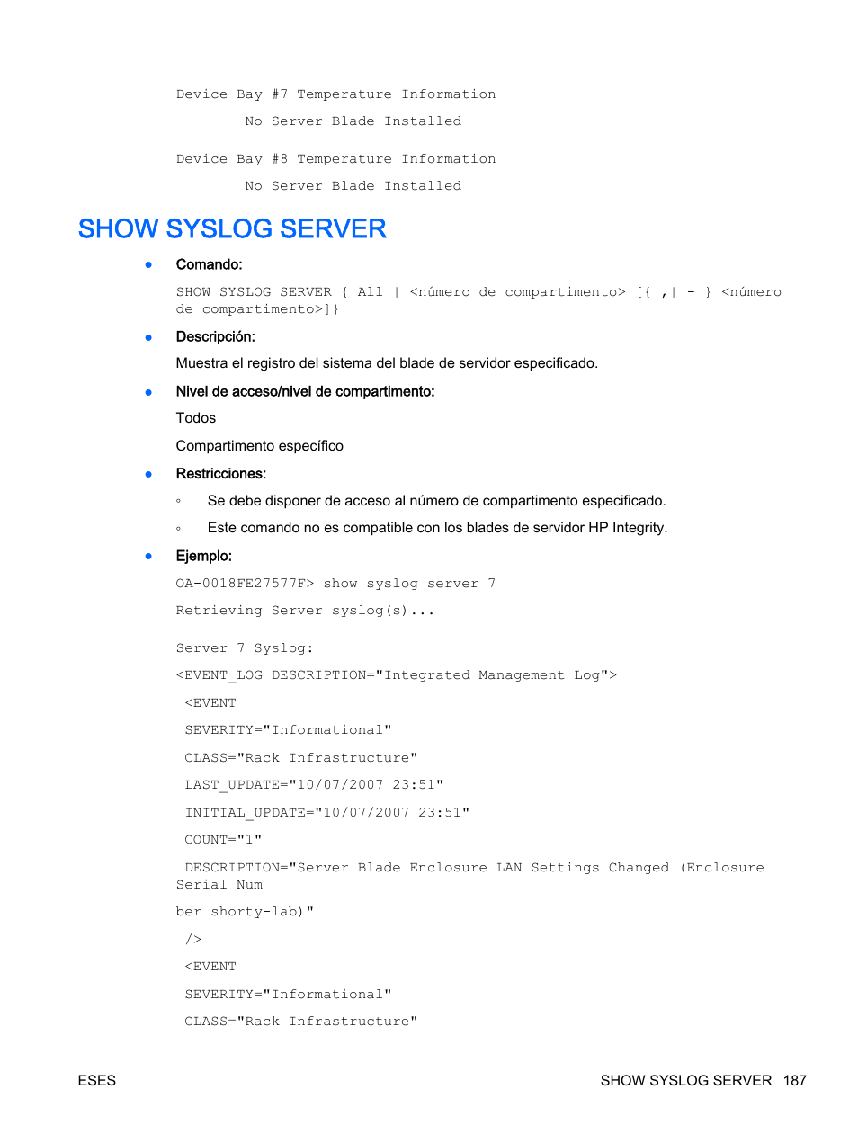 Show syslog server | HP Onboard Administrator User Manual | Page 200 / 266