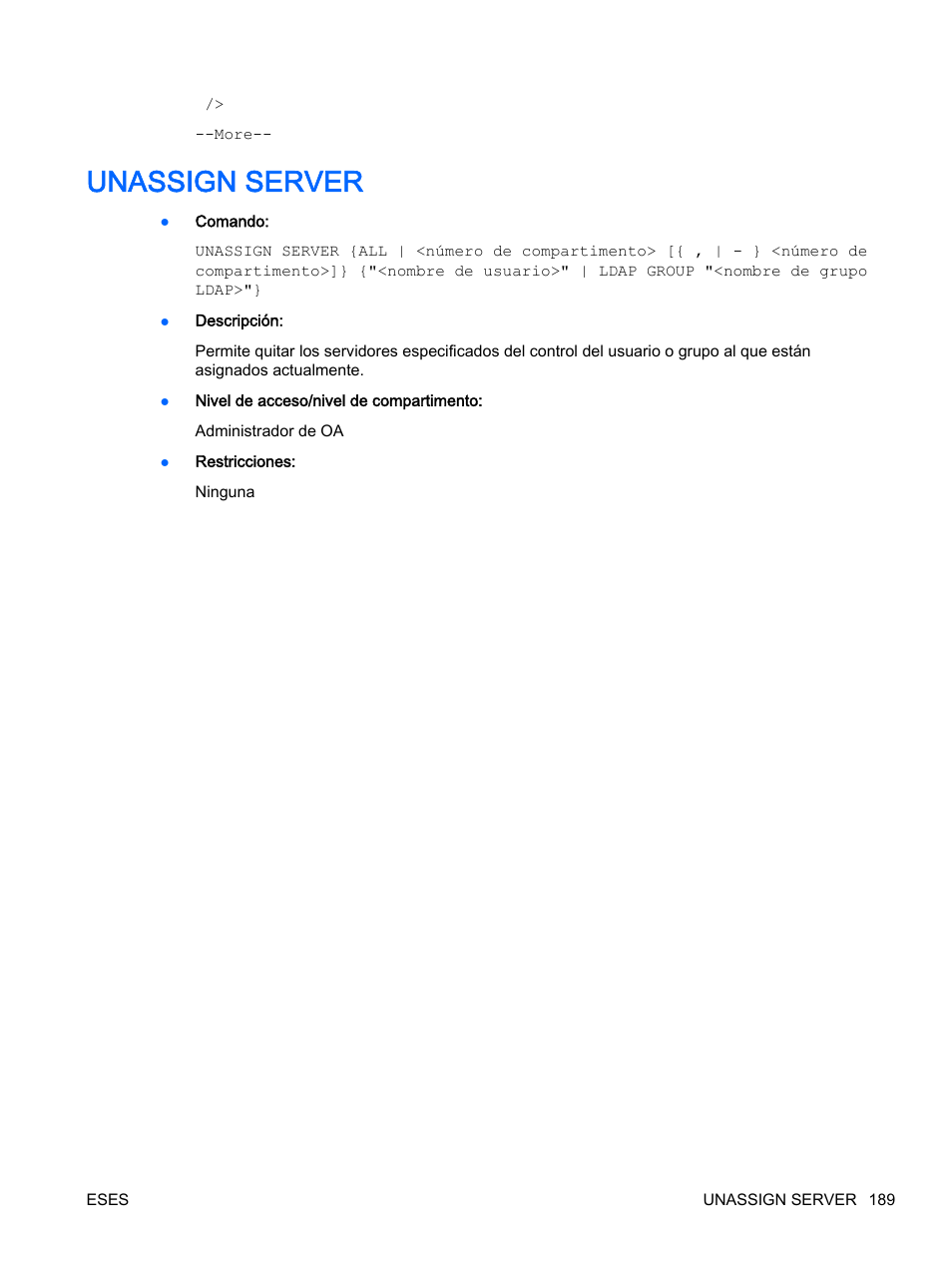 Unassign server | HP Onboard Administrator User Manual | Page 202 / 266