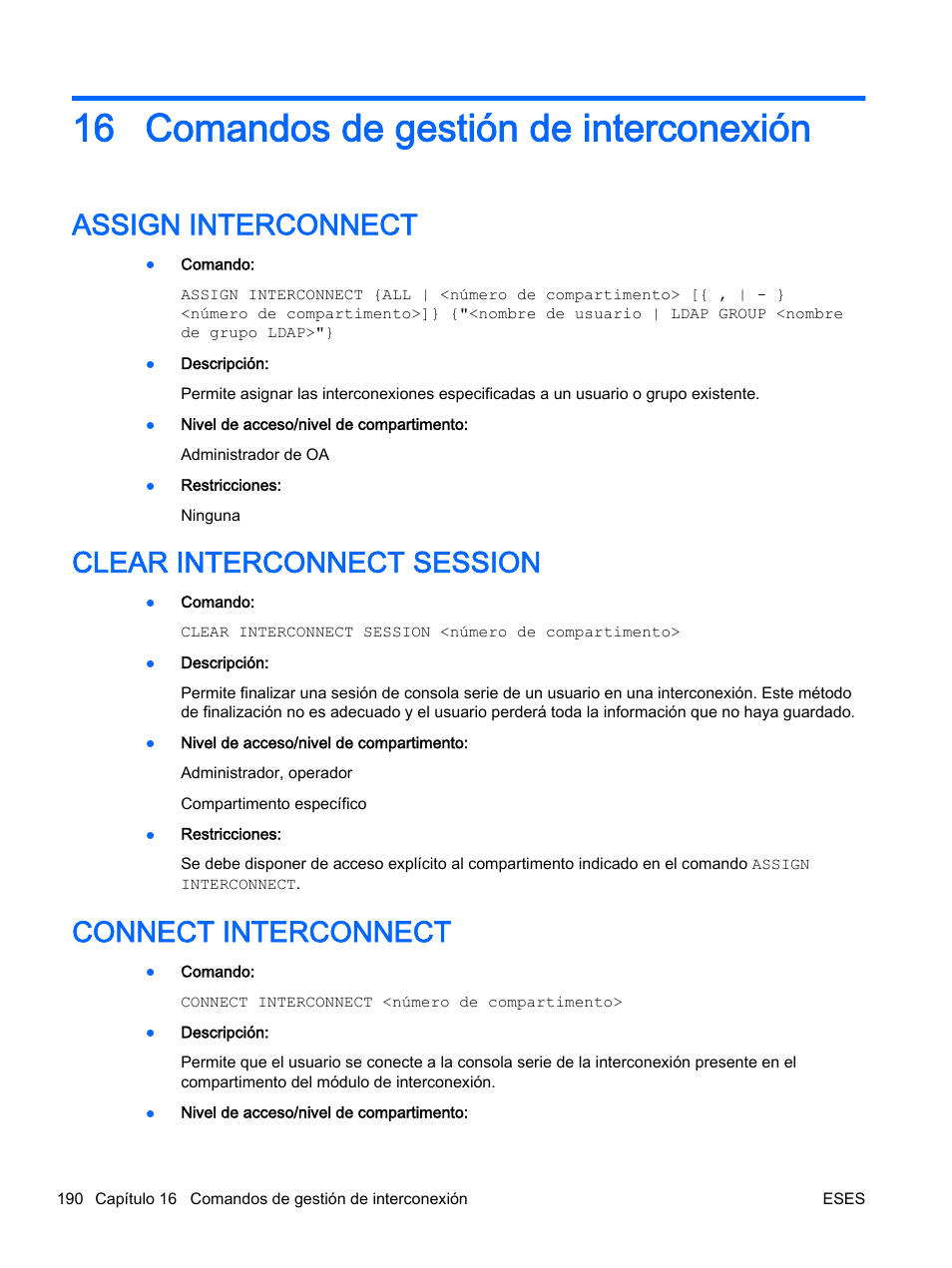 Comandos de gestión de interconexión, Assign interconnect, Clear interconnect session | Connect interconnect, 16 comandos de gestión de interconexión | HP Onboard Administrator User Manual | Page 203 / 266