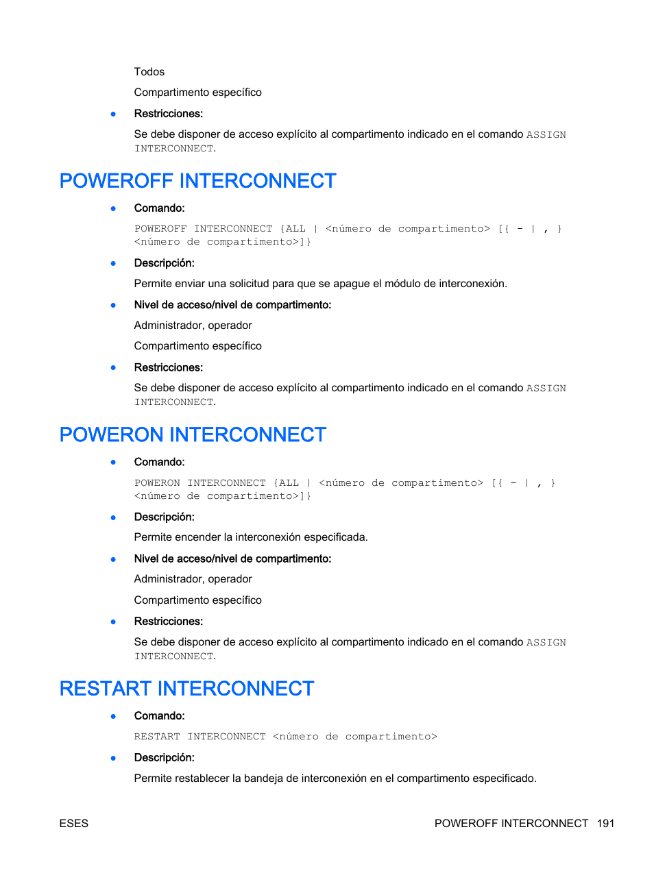 Poweroff interconnect, Poweron interconnect, Restart interconnect | HP Onboard Administrator User Manual | Page 204 / 266