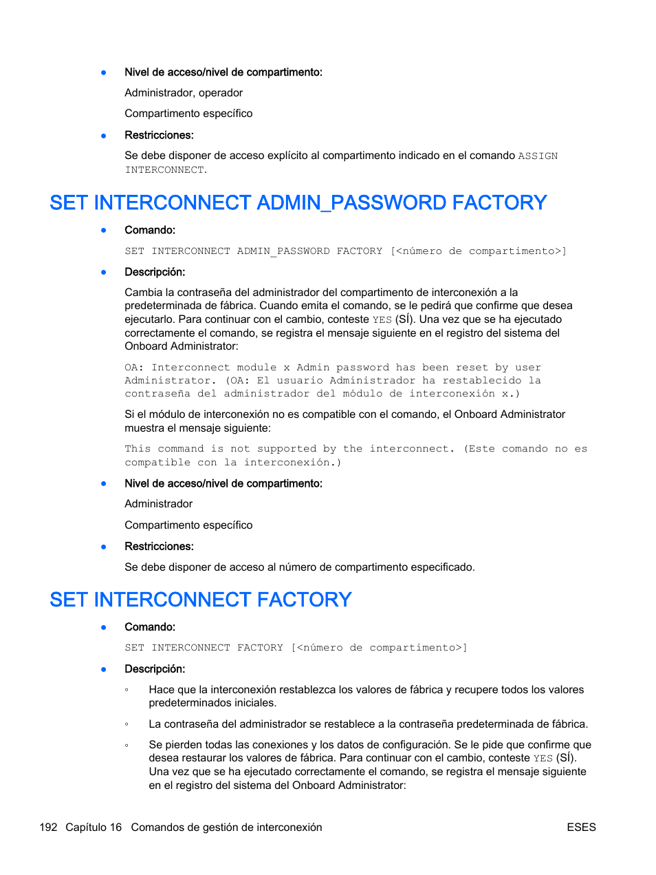 Set interconnect admin_password factory, Set interconnect factory | HP Onboard Administrator User Manual | Page 205 / 266