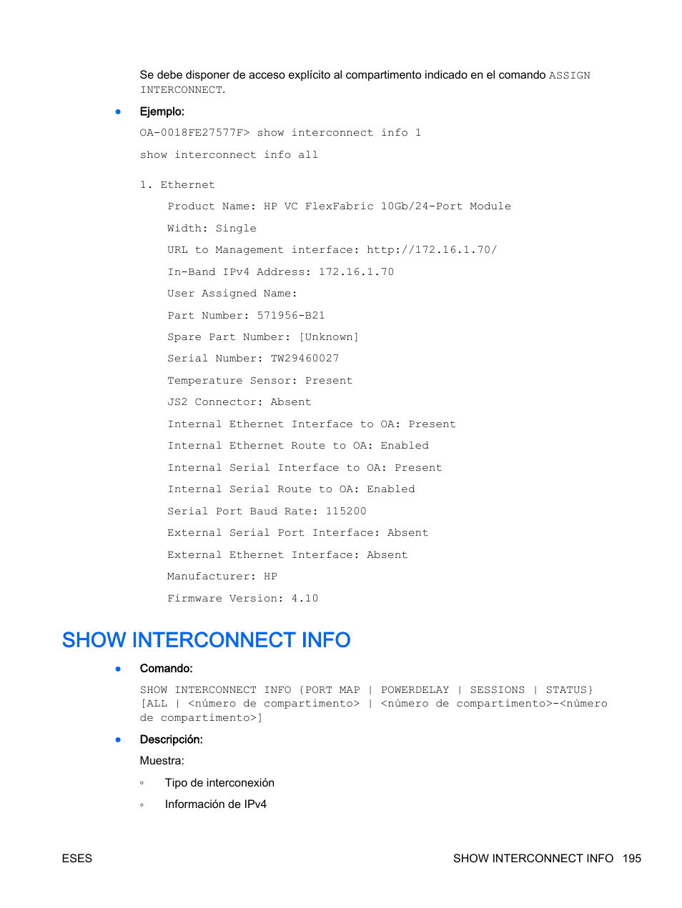 Show interconnect info, Show interconnect | HP Onboard Administrator User Manual | Page 208 / 266