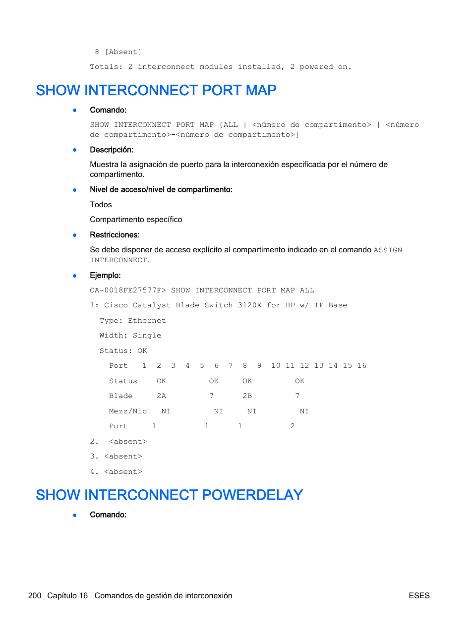 Show interconnect port map, Show interconnect powerdelay | HP Onboard Administrator User Manual | Page 213 / 266