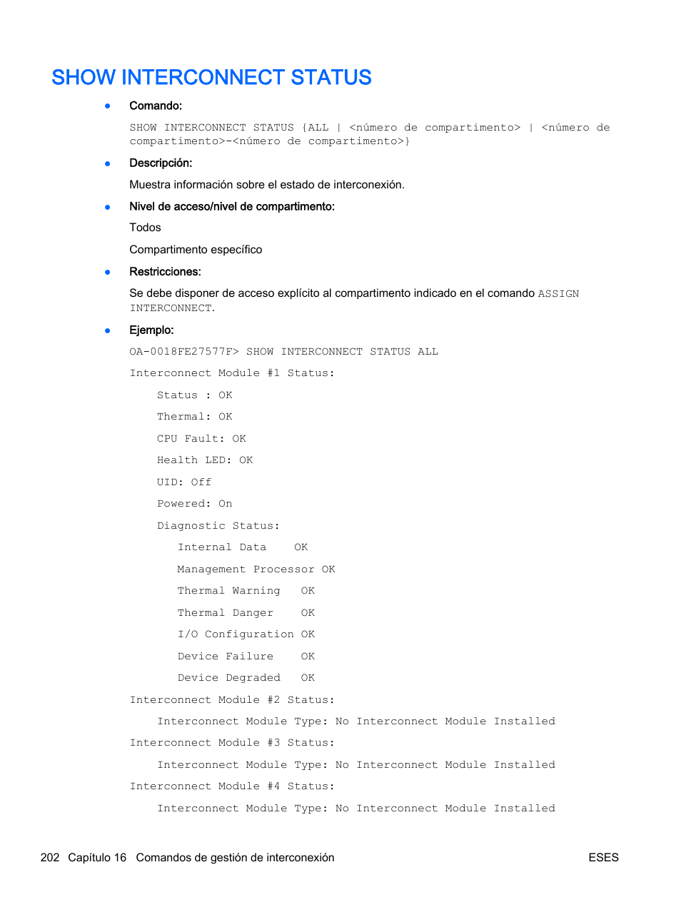 Show interconnect status | HP Onboard Administrator User Manual | Page 215 / 266