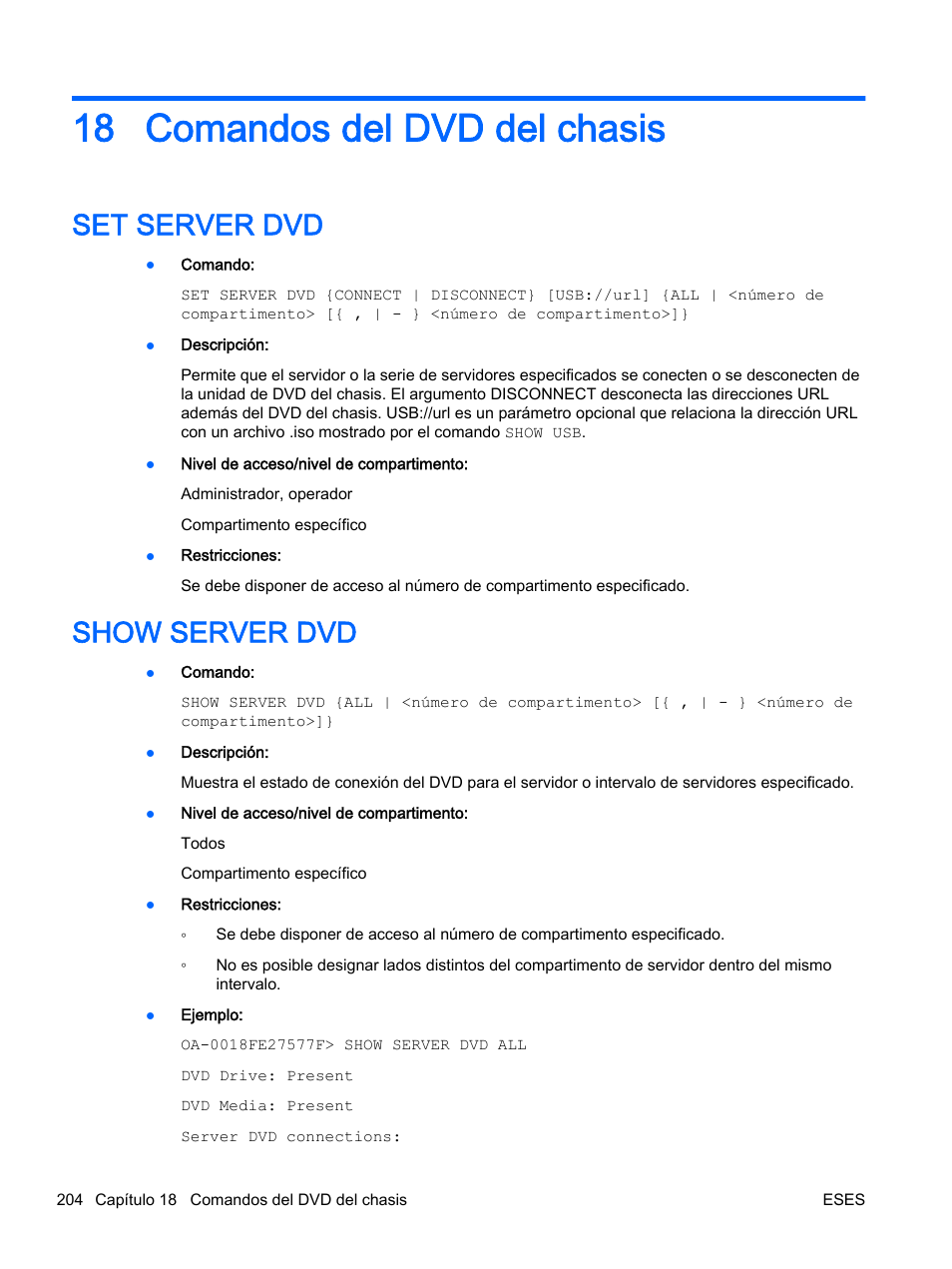 Comandos del dvd del chasis, Set server dvd, Show server dvd | 18 comandos del dvd del chasis, Set server dvd show server dvd | HP Onboard Administrator User Manual | Page 217 / 266