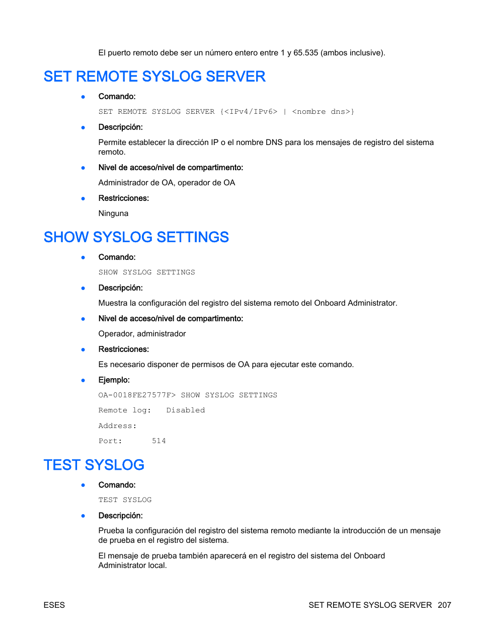 Set remote syslog server, Show syslog settings, Test syslog | HP Onboard Administrator User Manual | Page 220 / 266