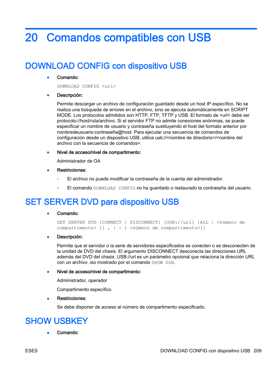 Comandos compatibles con usb, Download config con dispositivo usb, Set server dvd para dispositivo usb | Show usbkey, 20 comandos compatibles con usb | HP Onboard Administrator User Manual | Page 222 / 266
