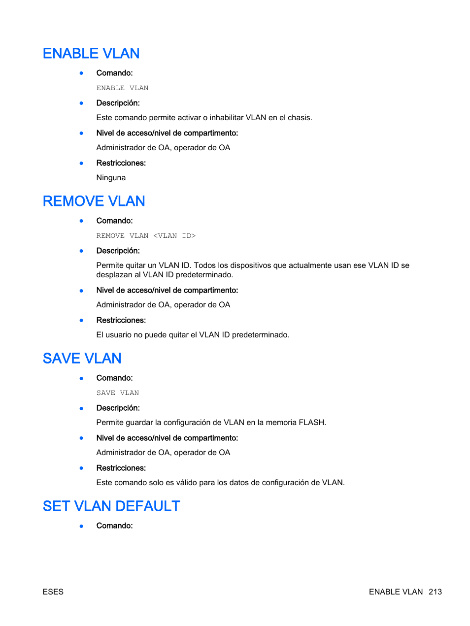 Enable vlan, Remove vlan, Save vlan | Set vlan default, Enable vlan remove vlan save vlan set vlan default | HP Onboard Administrator User Manual | Page 226 / 266