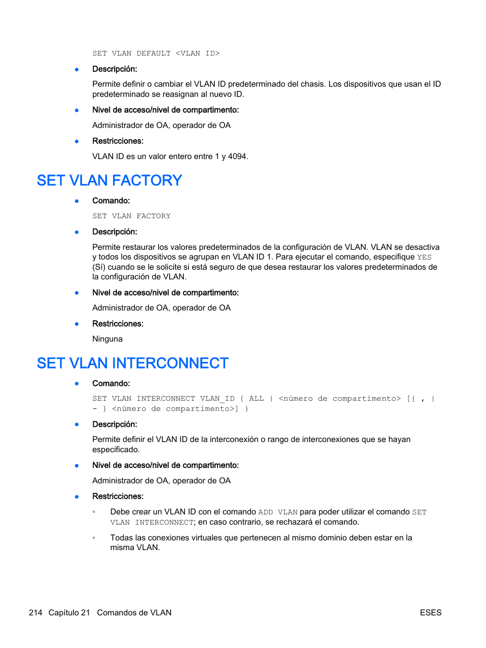 Set vlan factory, Set vlan interconnect, Set vlan factory set vlan interconnect | HP Onboard Administrator User Manual | Page 227 / 266