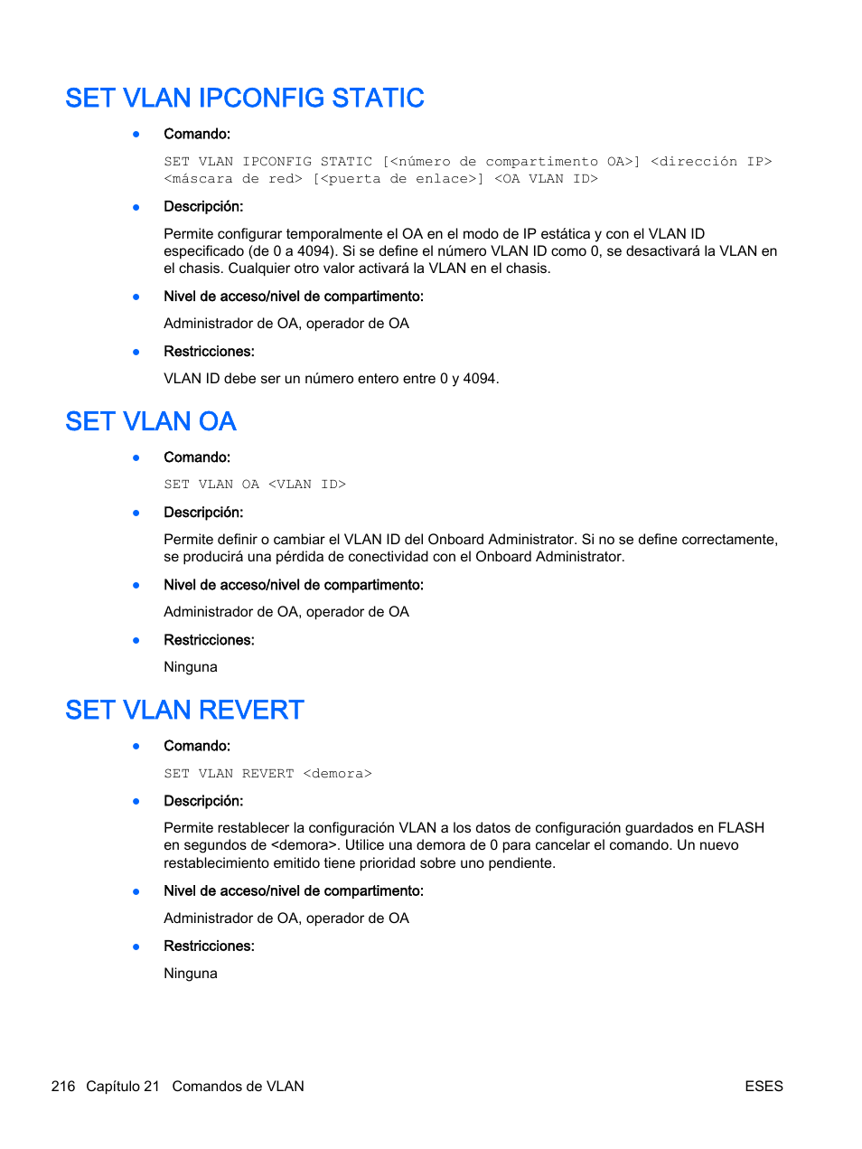 Set vlan ipconfig static, Set vlan oa, Set vlan revert | HP Onboard Administrator User Manual | Page 229 / 266