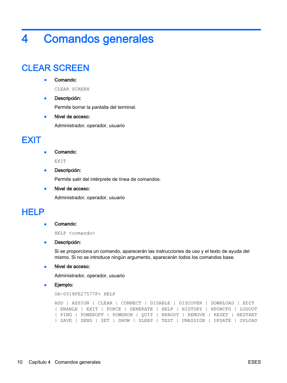 Comandos generales, Clear screen, Exit | Help, 4 comandos generales, Clear screen exit help, 4comandos generales | HP Onboard Administrator User Manual | Page 23 / 266