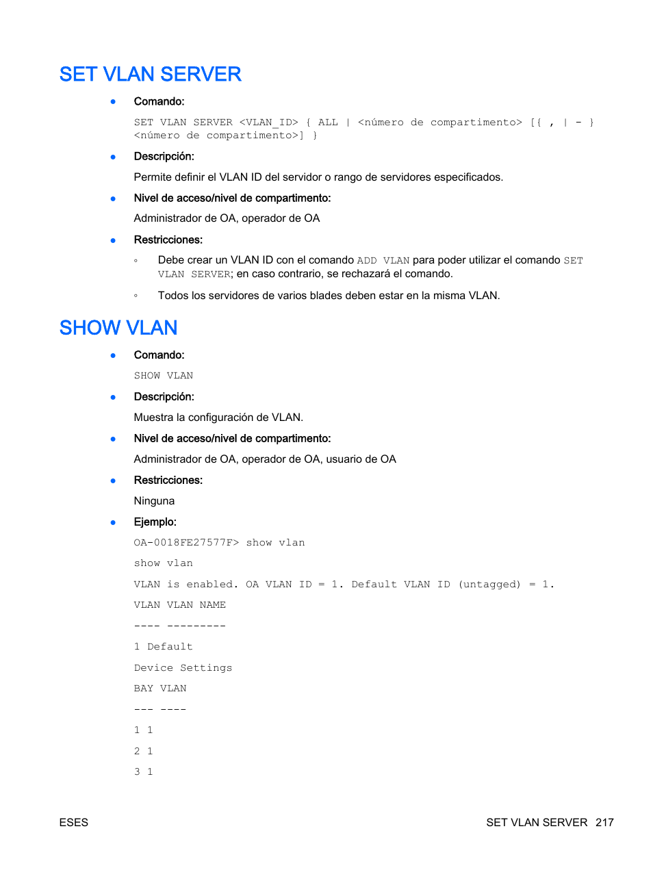 Set vlan server, Show vlan, Set vlan server show vlan | HP Onboard Administrator User Manual | Page 230 / 266