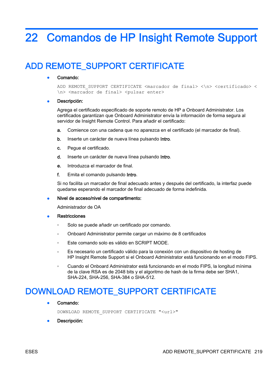 Comandos de hp insight remote support, Add remote_support certificate, Download remote_support certificate | 22 comandos de hp insight remote support, Hp insight remote support | HP Onboard Administrator User Manual | Page 232 / 266