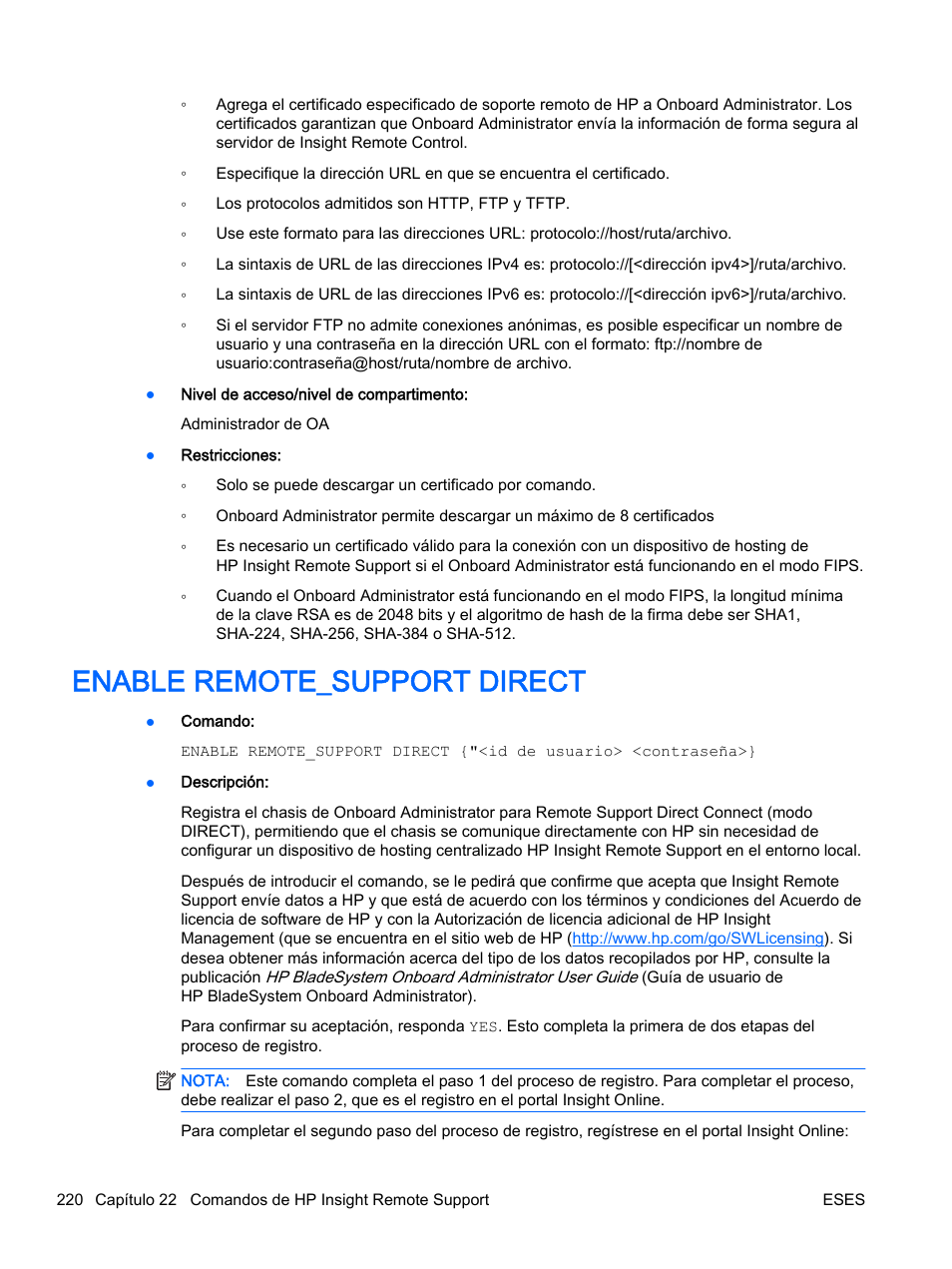 Enable remote_support direct | HP Onboard Administrator User Manual | Page 233 / 266