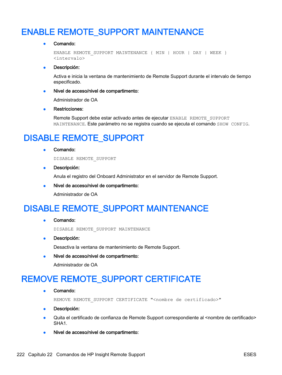 Enable remote_support maintenance, Disable remote_support, Disable remote_support maintenance | Remove remote_support certificate | HP Onboard Administrator User Manual | Page 235 / 266