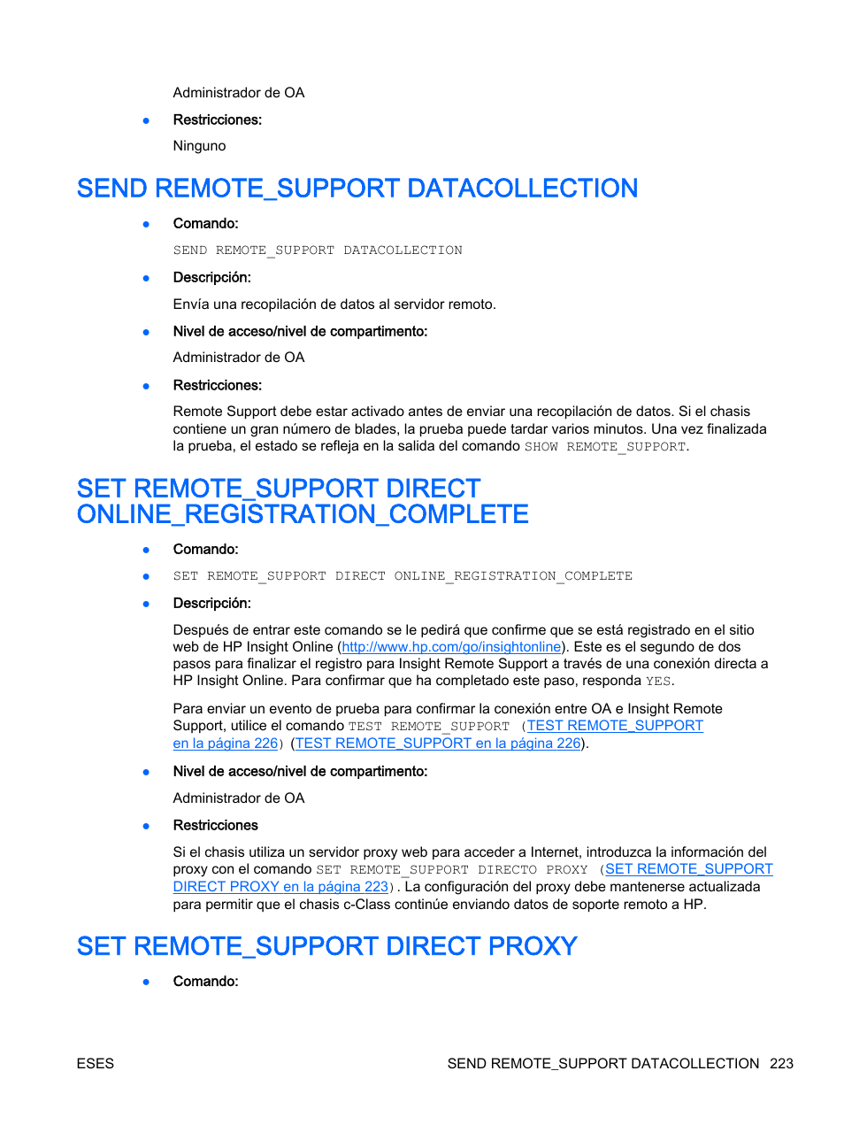 Send remote_support datacollection, Set remote_support direct proxy, Set remote_support directo proxy | Set remote_support | HP Onboard Administrator User Manual | Page 236 / 266