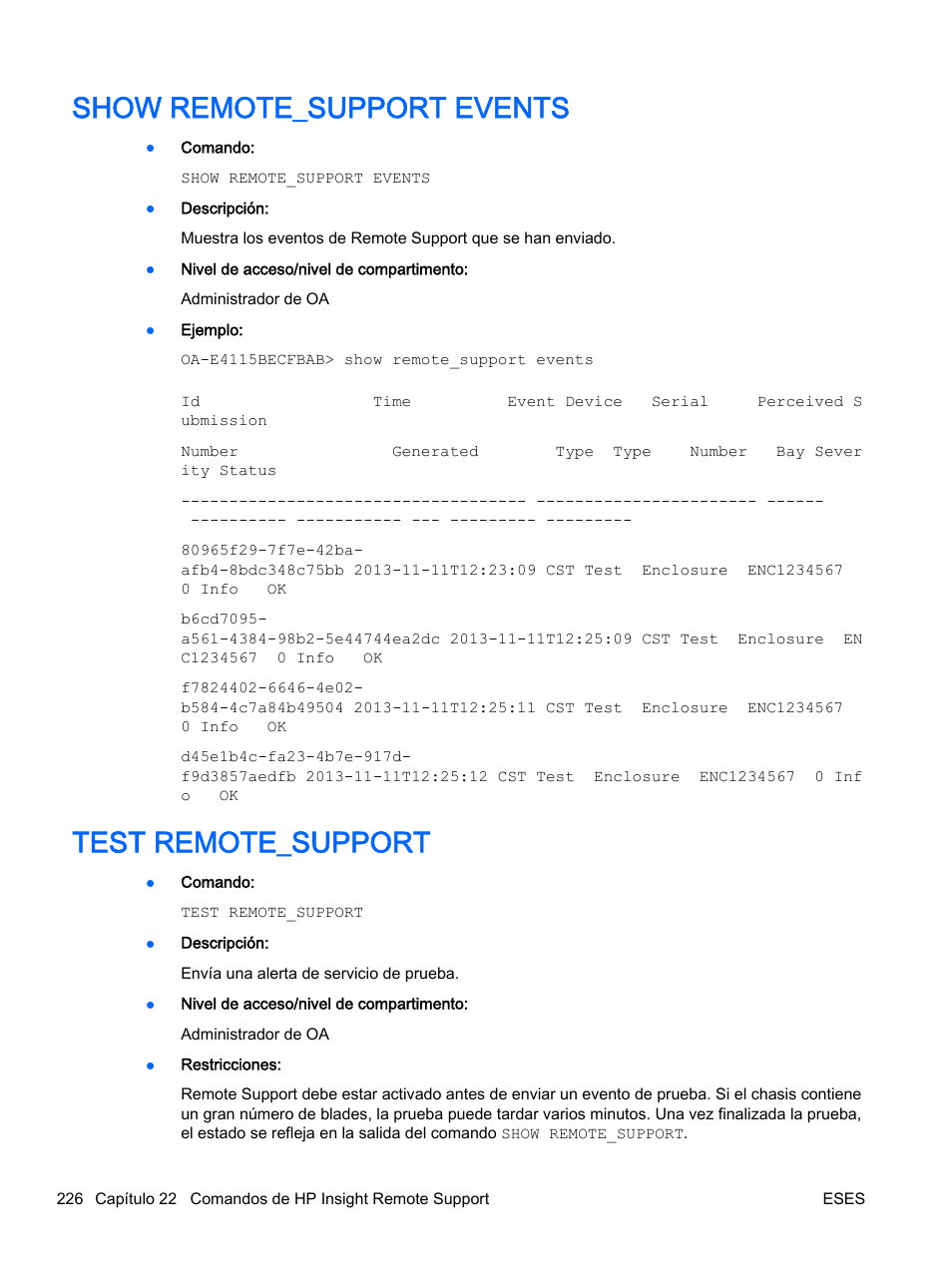 Show remote_support events, Test remote_support, Show remote_support events test remote_support | Test | HP Onboard Administrator User Manual | Page 239 / 266