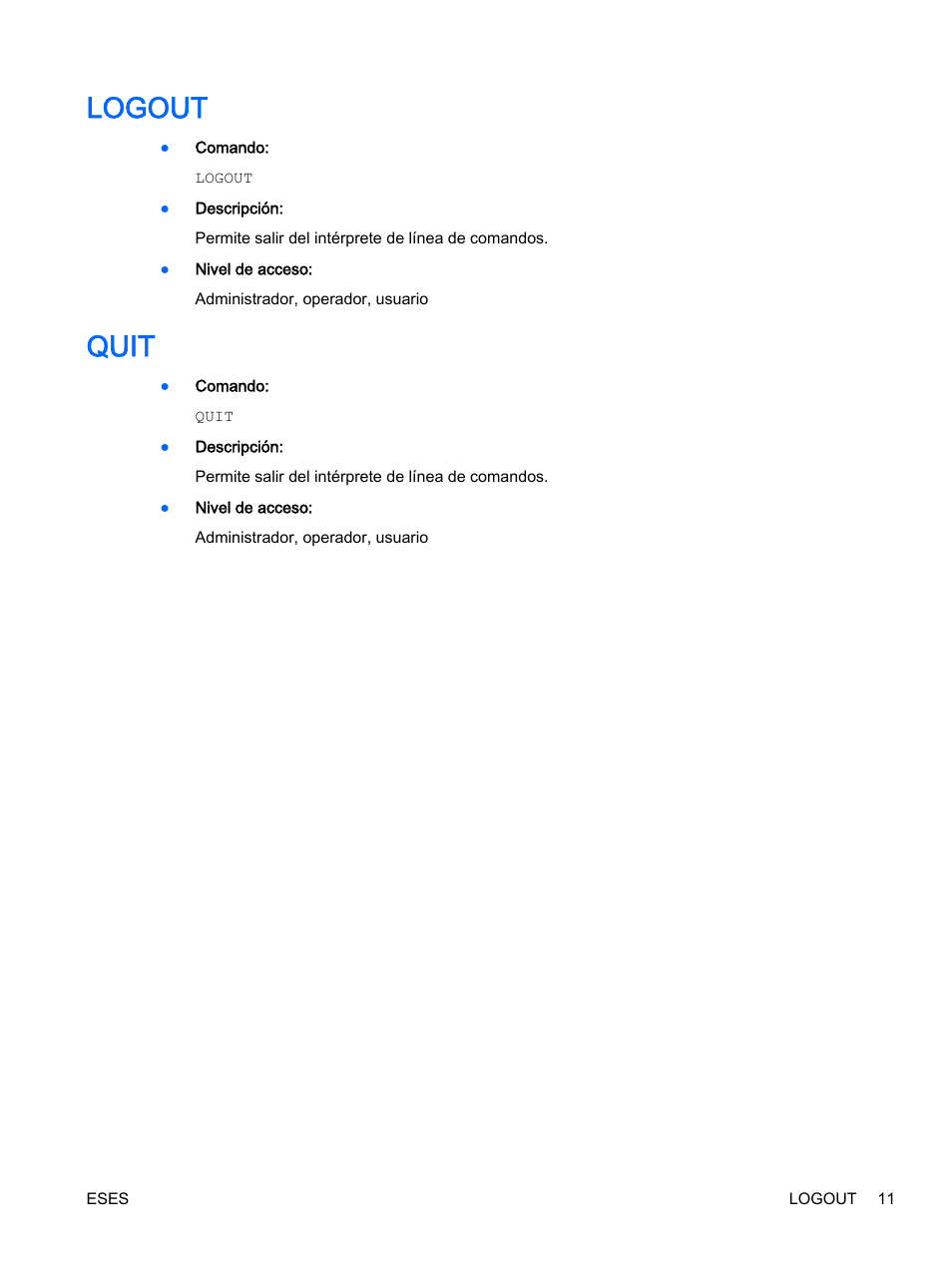 Logout, Quit, Logout quit | HP Onboard Administrator User Manual | Page 24 / 266