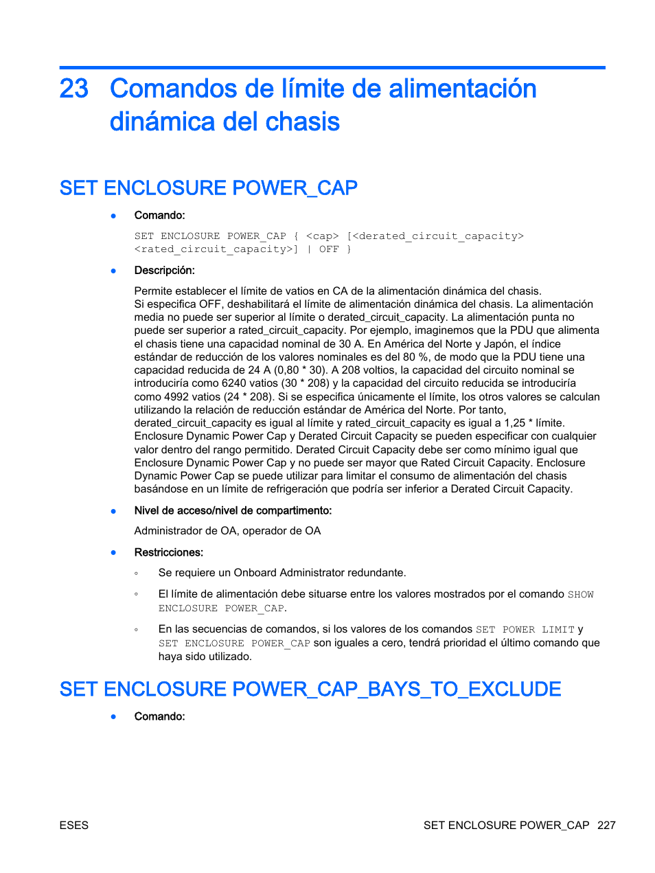 Set enclosure power_cap, Set enclosure power_cap_bays_to_exclude | HP Onboard Administrator User Manual | Page 240 / 266