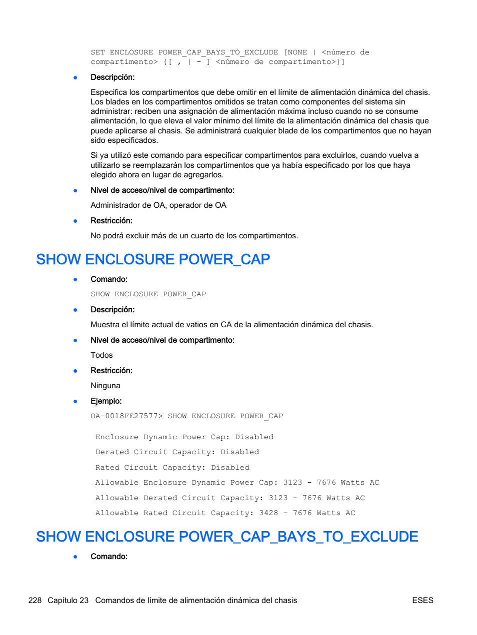 Show enclosure power_cap, Show enclosure power_cap_bays_to_exclude | HP Onboard Administrator User Manual | Page 241 / 266