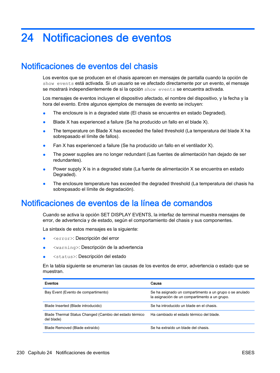 Notificaciones de eventos, Notificaciones de eventos del chasis, Notificaciones de eventos de la línea de comandos | 24 notificaciones de eventos | HP Onboard Administrator User Manual | Page 243 / 266