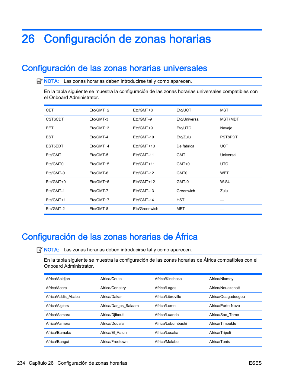 Configuración de zonas horarias, Configuración de las zonas horarias universales, Configuración de las zonas horarias de áfrica | 26 configuración de zonas horarias | HP Onboard Administrator User Manual | Page 247 / 266