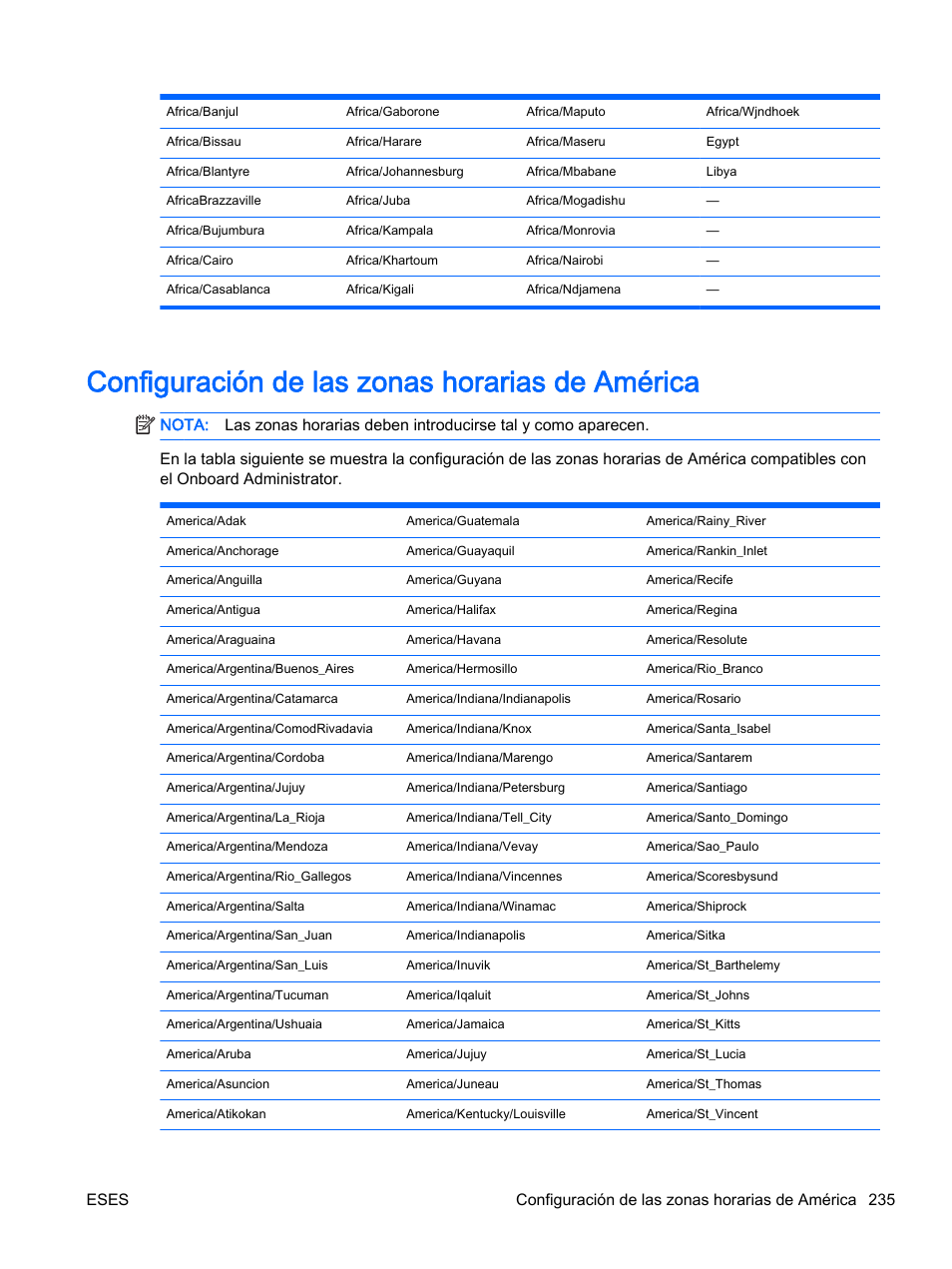 Configuración de las zonas horarias de américa | HP Onboard Administrator User Manual | Page 248 / 266