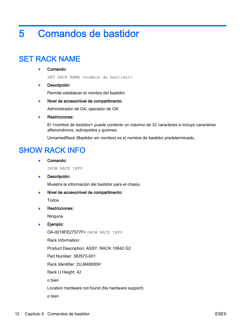 Comandos de bastidor, Set rack name, Show rack info | 5 comandos de bastidor, Set rack name show rack info, 5comandos de bastidor | HP Onboard Administrator User Manual | Page 25 / 266