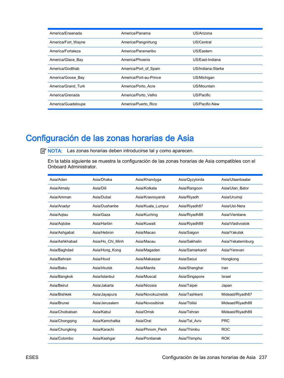 Configuración de las zonas horarias de asia | HP Onboard Administrator User Manual | Page 250 / 266