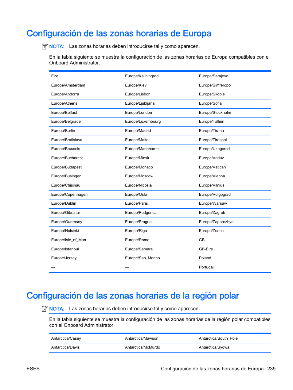 Configuración de las zonas horarias de europa | HP Onboard Administrator User Manual | Page 252 / 266