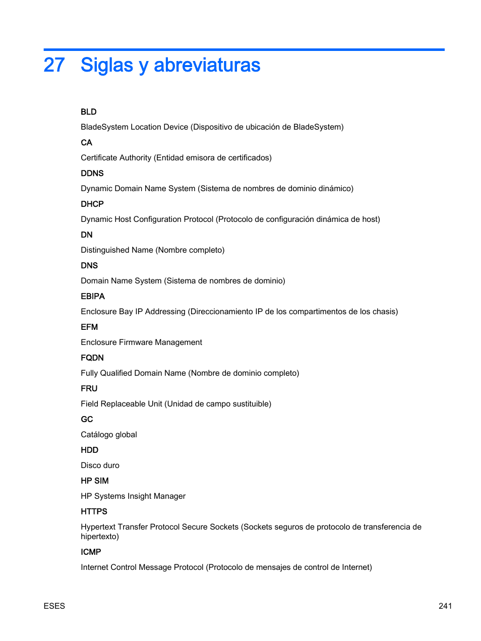 Siglas y abreviaturas, 27 siglas y abreviaturas | HP Onboard Administrator User Manual | Page 254 / 266