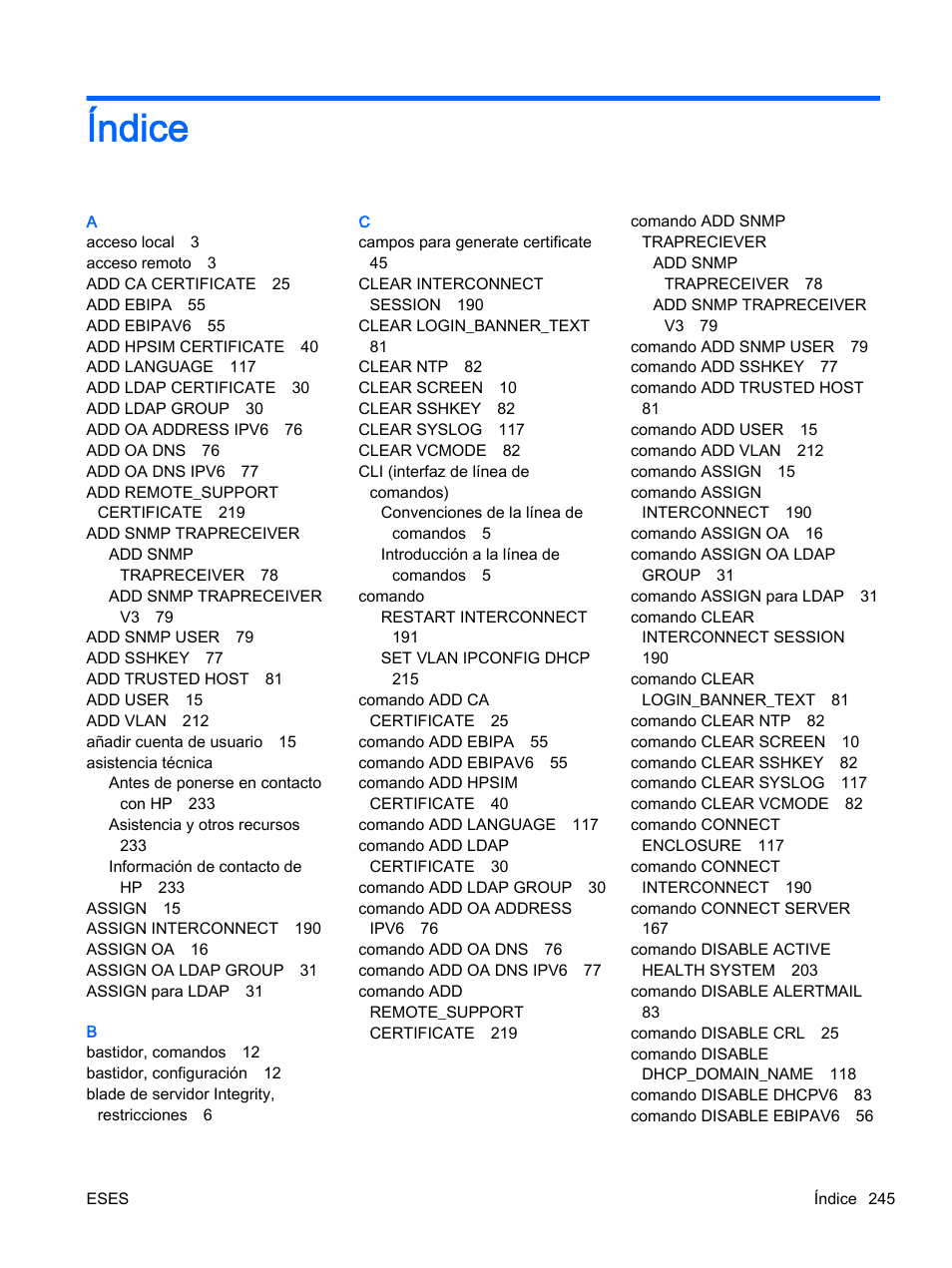 Índice | HP Onboard Administrator User Manual | Page 258 / 266