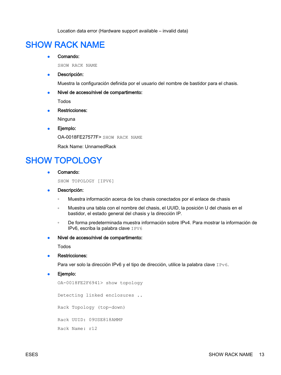 Show rack name, Show topology, Show rack name show topology | HP Onboard Administrator User Manual | Page 26 / 266