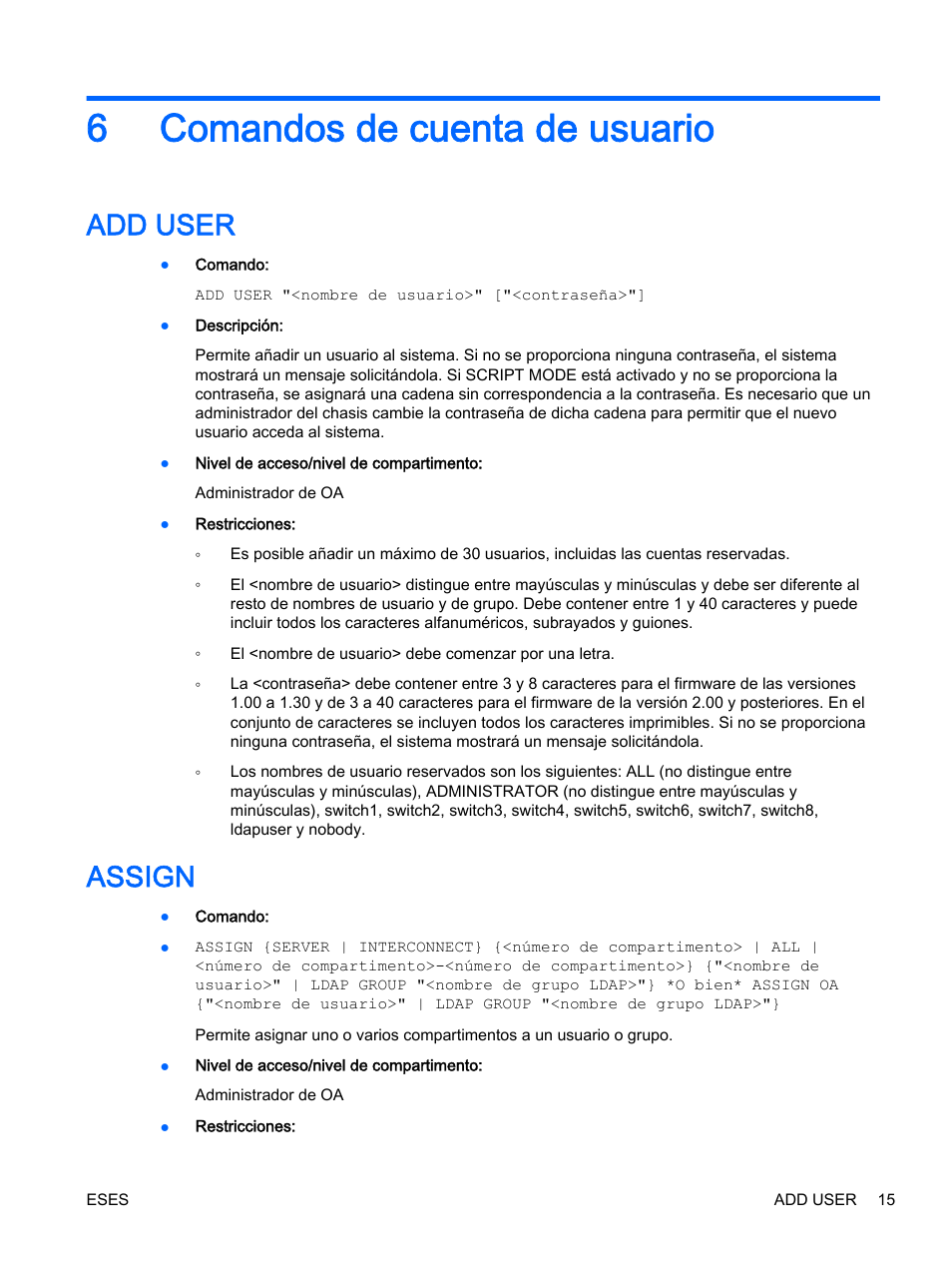 Comandos de cuenta de usuario, Add user, Assign | 6 comandos de cuenta de usuario, Add user assign, 6comandos de cuenta de usuario | HP Onboard Administrator User Manual | Page 28 / 266