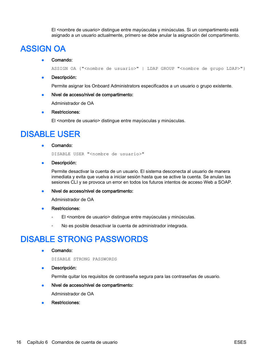 Assign oa, Disable user, Disable strong passwords | Assign oa disable user disable strong passwords | HP Onboard Administrator User Manual | Page 29 / 266