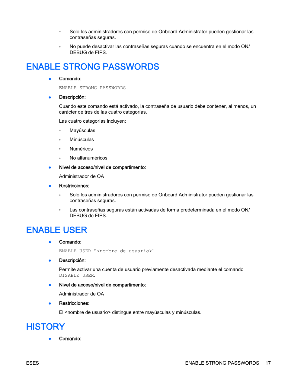 Enable strong passwords, Enable user, History | Enable strong passwords enable user history | HP Onboard Administrator User Manual | Page 30 / 266