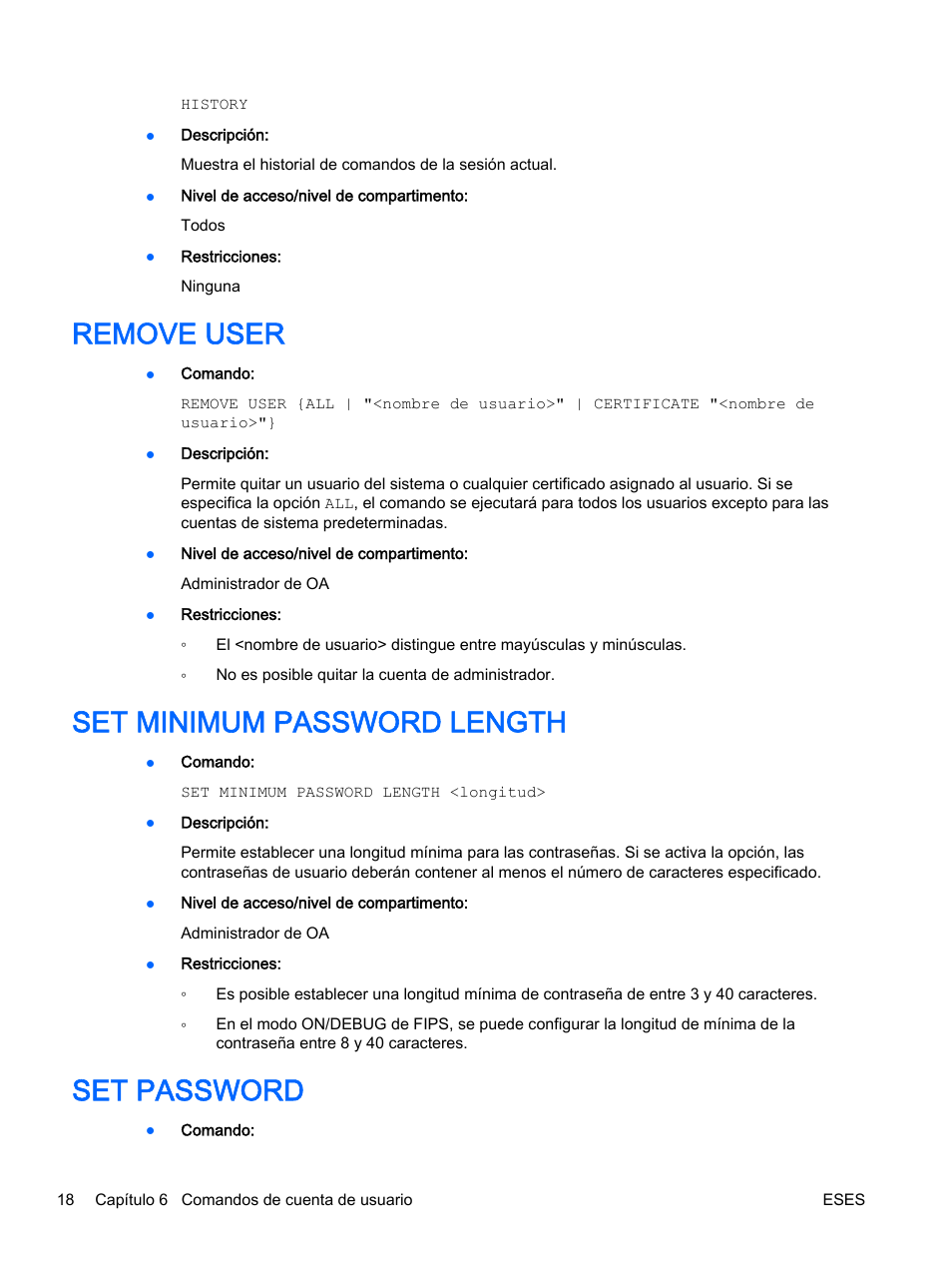 Remove user, Set minimum password length, Set password | HP Onboard Administrator User Manual | Page 31 / 266