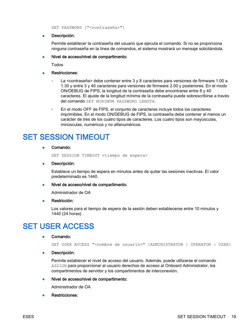 Set session timeout, Set user access, Set session timeout set user access | HP Onboard Administrator User Manual | Page 32 / 266