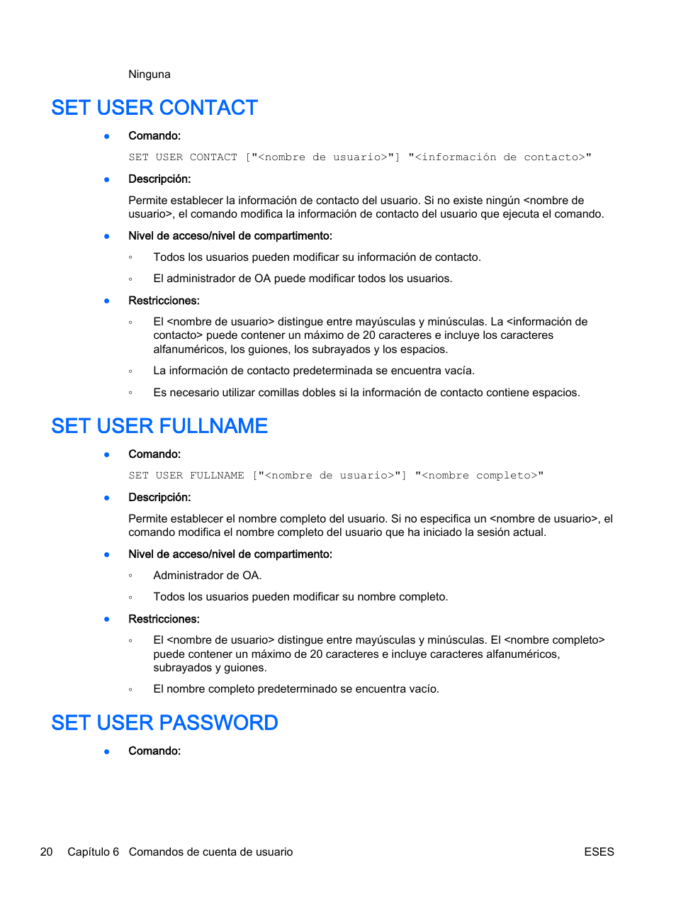 Set user contact, Set user fullname, Set user password | HP Onboard Administrator User Manual | Page 33 / 266