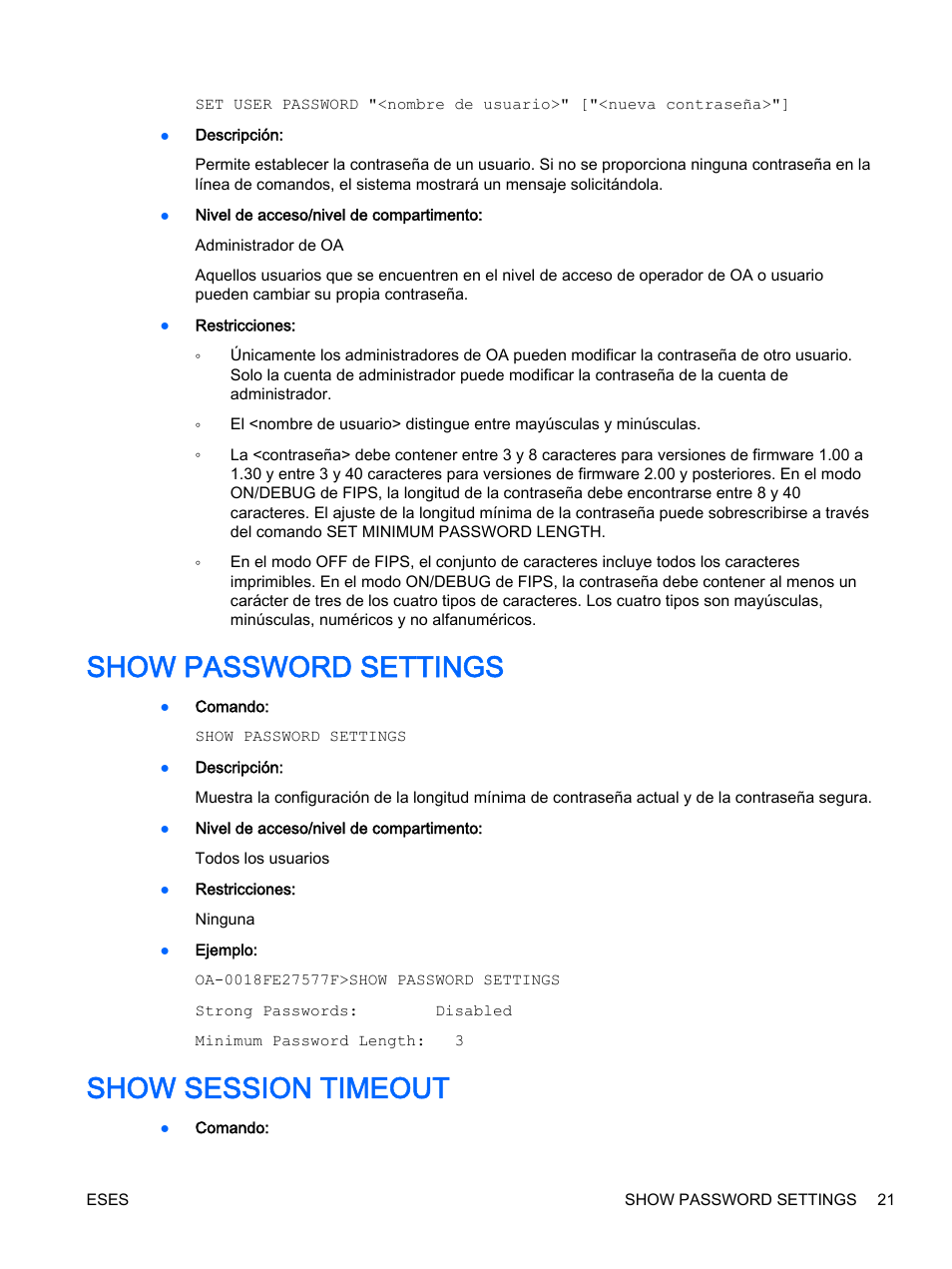 Show password settings, Show session timeout, Show password settings show session timeout | HP Onboard Administrator User Manual | Page 34 / 266