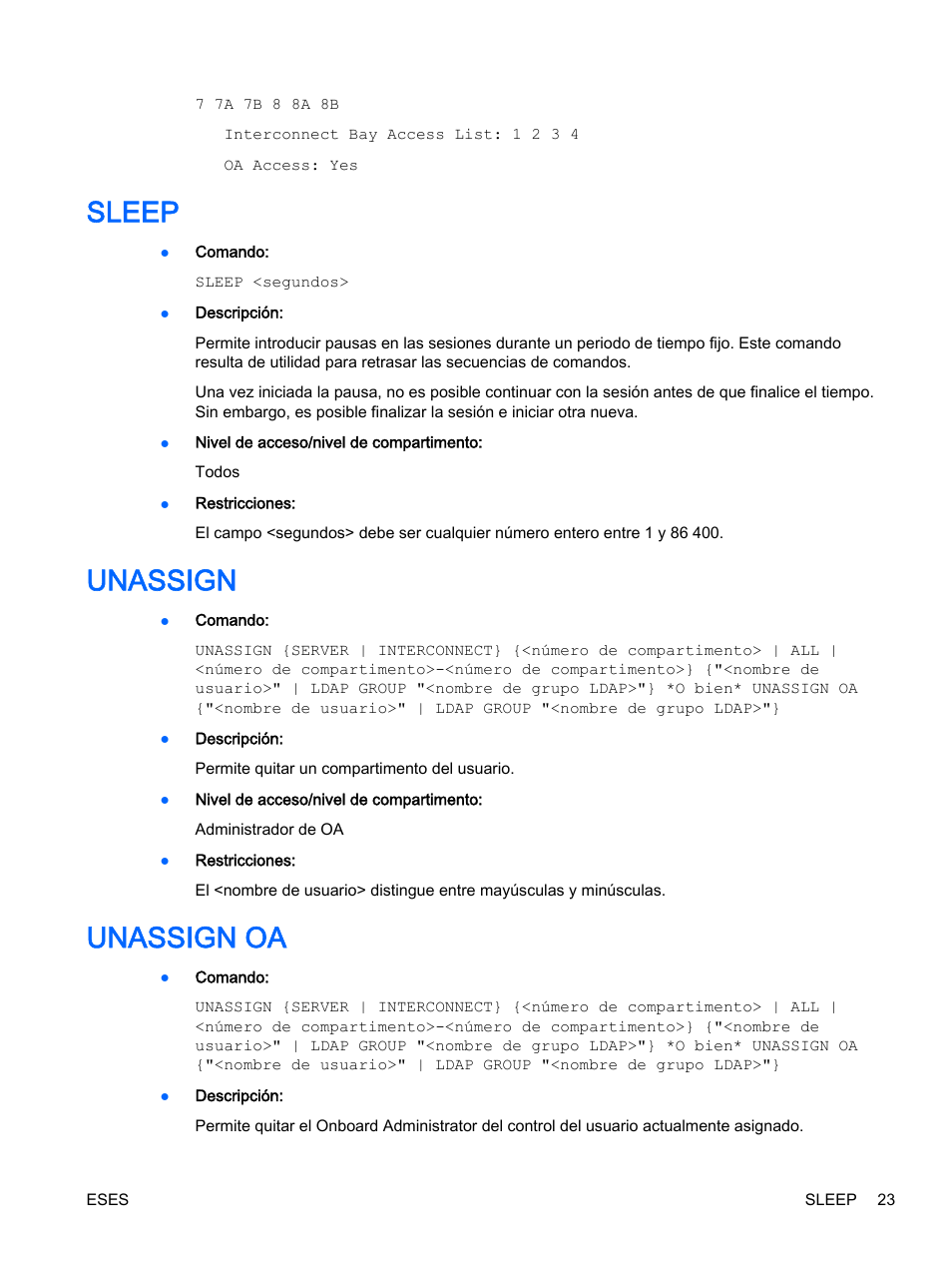 Sleep, Unassign, Unassign oa | Sleep unassign unassign oa | HP Onboard Administrator User Manual | Page 36 / 266