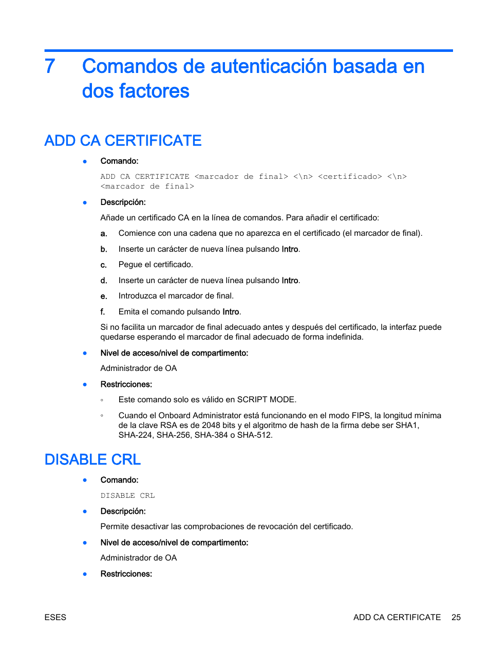 Comandos de autenticación basada en dos factores, Add ca certificate, Disable crl | 7 comandos de autenticación basada en dos factores, Add ca certificate disable crl, 7comandos de autenticación basada en dos factores | HP Onboard Administrator User Manual | Page 38 / 266