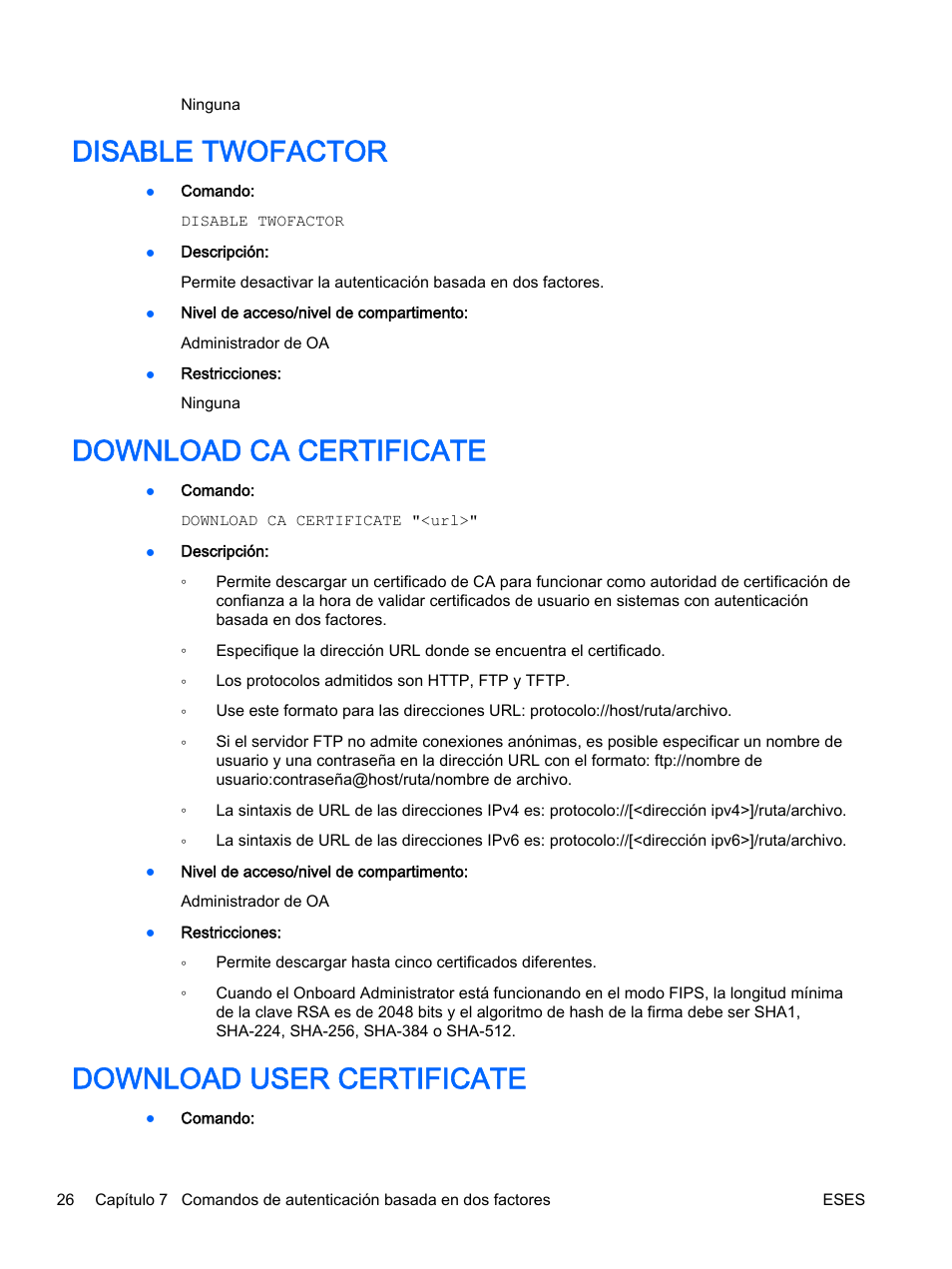 Disable twofactor, Download ca certificate, Download user certificate | HP Onboard Administrator User Manual | Page 39 / 266