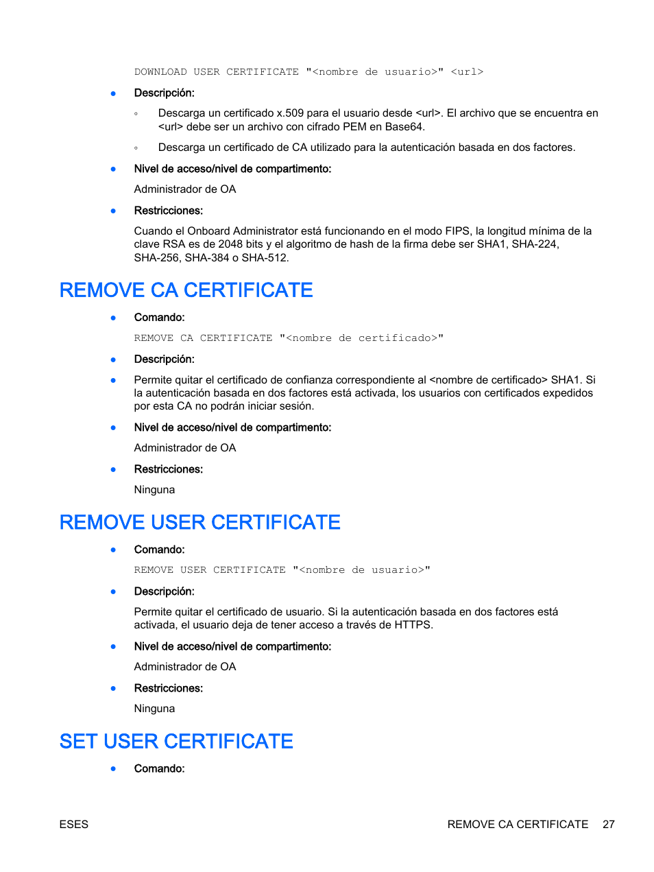 Remove ca certificate, Remove user certificate, Set user certificate | HP Onboard Administrator User Manual | Page 40 / 266