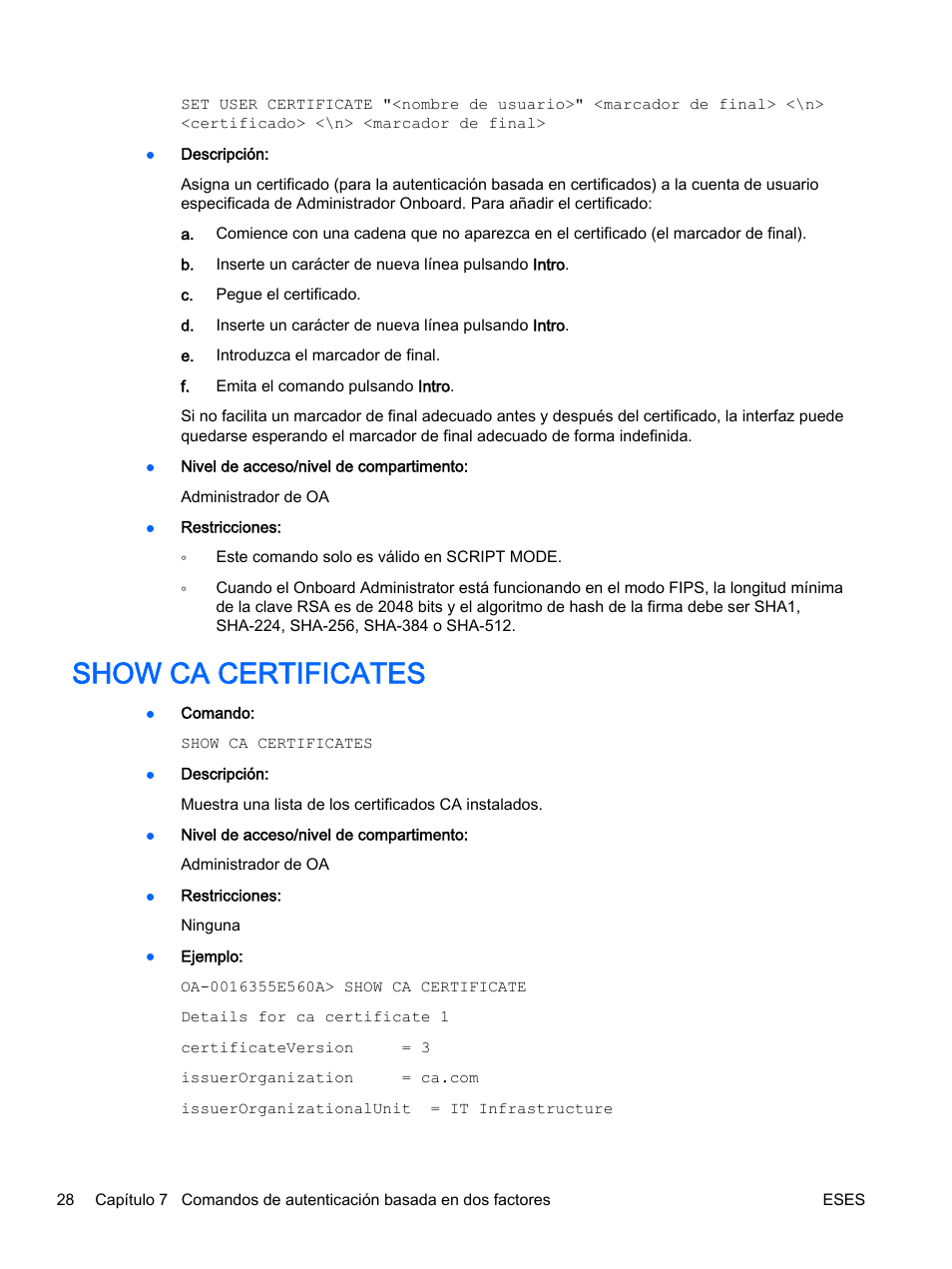 Show ca certificates | HP Onboard Administrator User Manual | Page 41 / 266